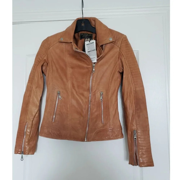 BNWT Stradivarius  Sheep Leather Motorcycle style Fitted Brown Jacket Small - Picture 11 of 14
